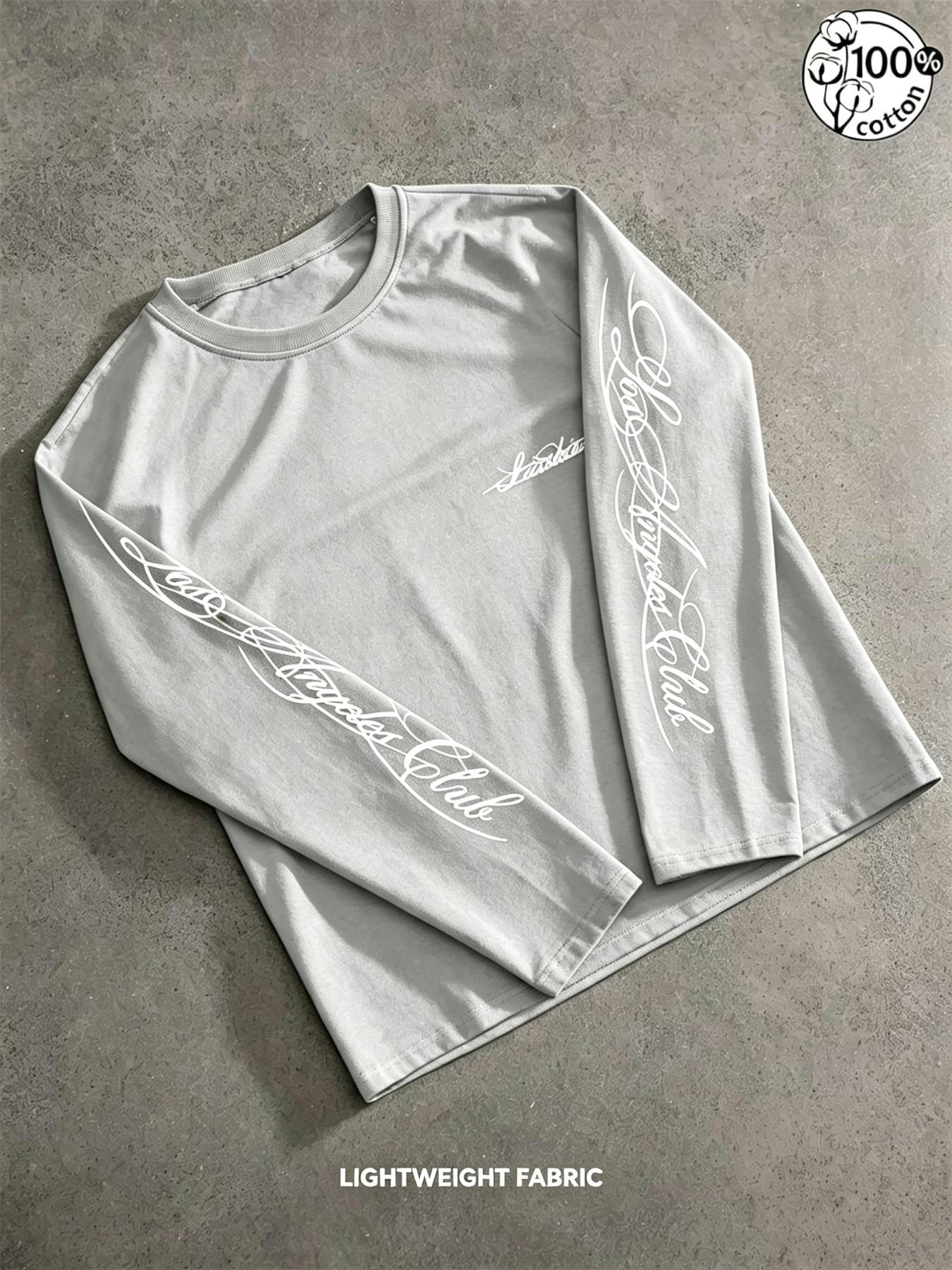 Unisex 100% Cotton Multi-Color Vertical Sleeve Script Lettering Long Sleeve Tee Mini Chest Logo Chicano American Streetwear Oversized Casual Top