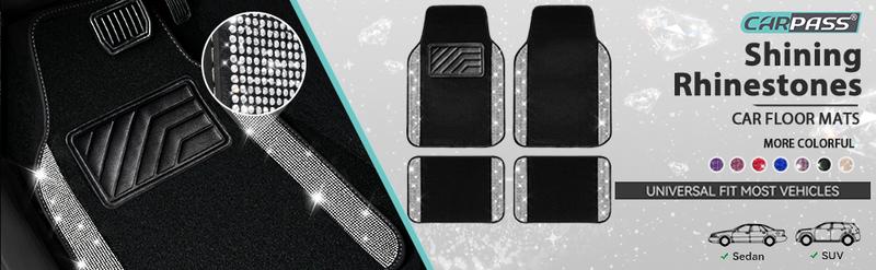 CAR PASS Bling Diamond Car Floor Mats,Shining Rhinestone Carpet Sparkly Glitter Anti-Slip Waterproof Universal Fit SUV,Sedan,Van,Cute Girl Women,4pcs
