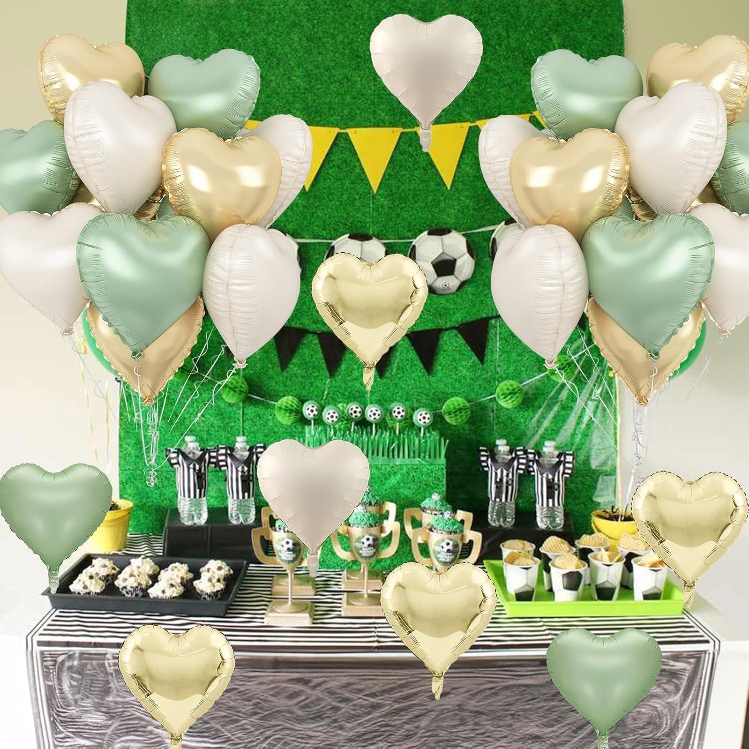 Green gold heart-shaped balloons, 12 green gold heart-shaped aluminum foil balloons with 2 accessories, 18 inch green cream white heart-shaped foil balloons, suitable for jungle, forest, birthday, wedding, baby party, party decoration