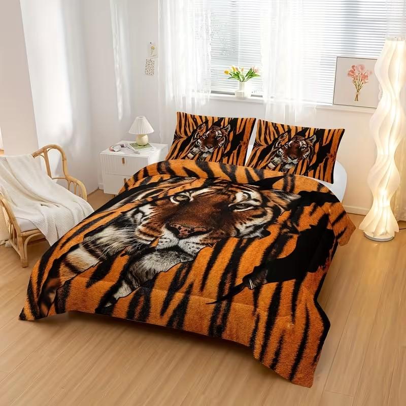 3-Piece Bedding Set, Soft Tiger Fur Quilted Comforter, Lightweight All-Season Animal Bedding, Includes 1 Quilt and 2 Pillowcases