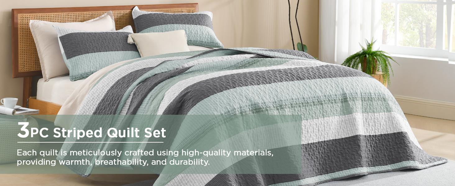 Litanika 3-Piece Quilt Set - Lightweight & Breathable Summer Bedspread (Sage Green/More Colors)