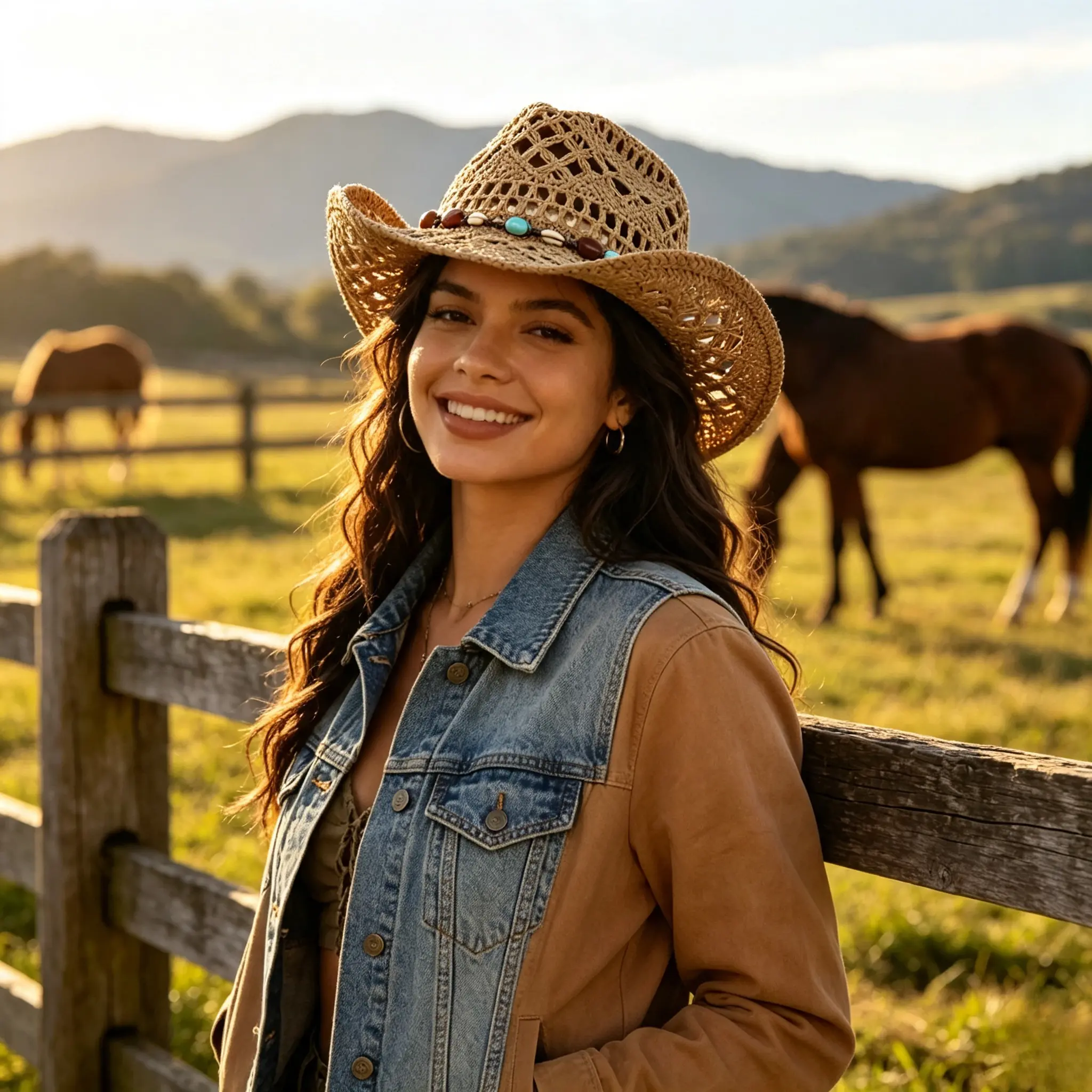 Women Breathable Hollow Crochet Straw Western Cowboy Hat, Boho Turquoise Beaded Decor Wide Brim Sunhat, Lightweight Panama Fedora Hat, Summer Outdoor UV Protection Hat, Ideal Fashion Accessory For Beach, Travel, Camping And Holiday Gifts