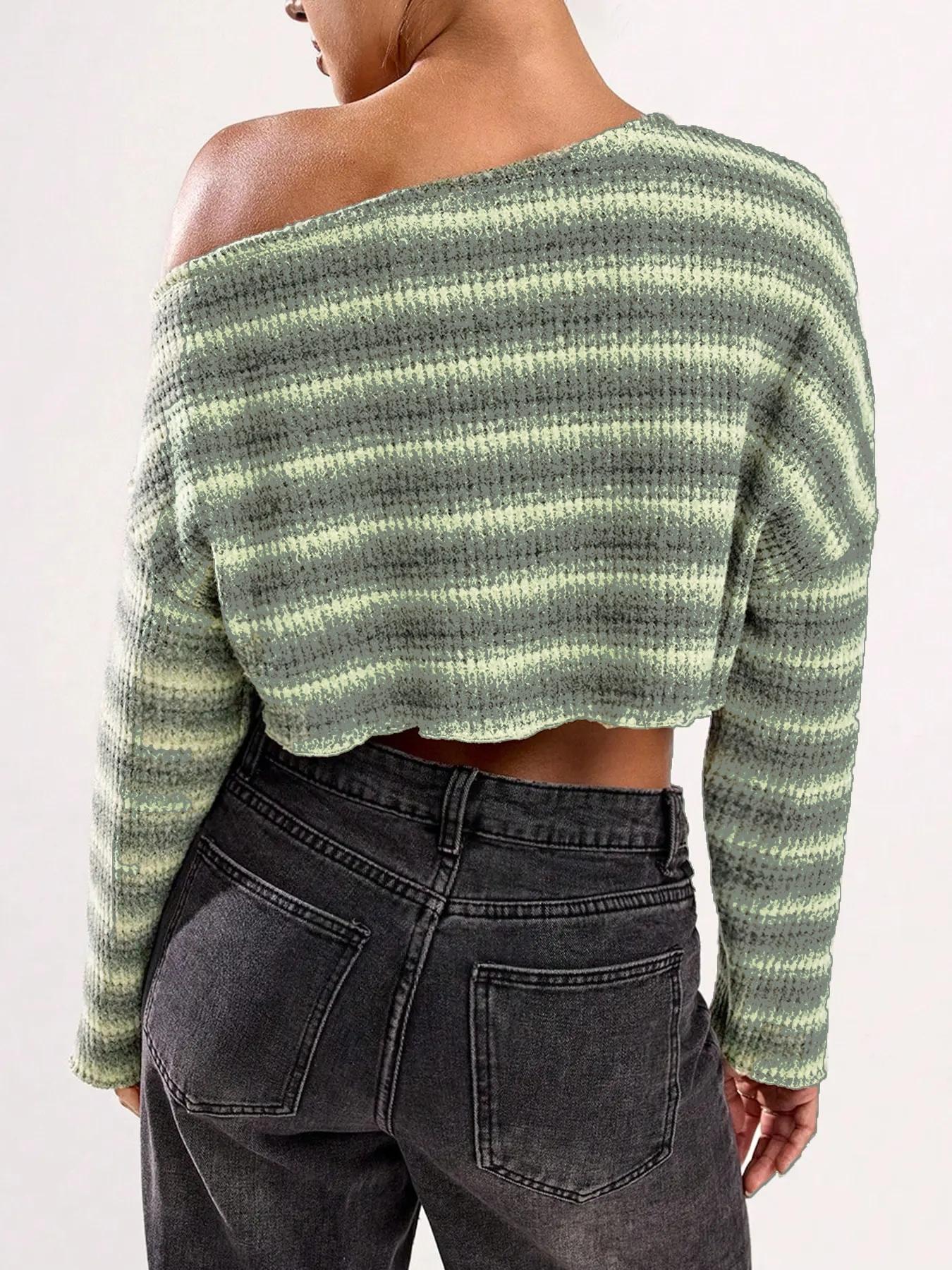 Women's Casual Striped Asymmetrical Neck Long Sleeve T-Shirt & Shorts Set, Cropped Top, Comfortable Daily Wear, Simple Style