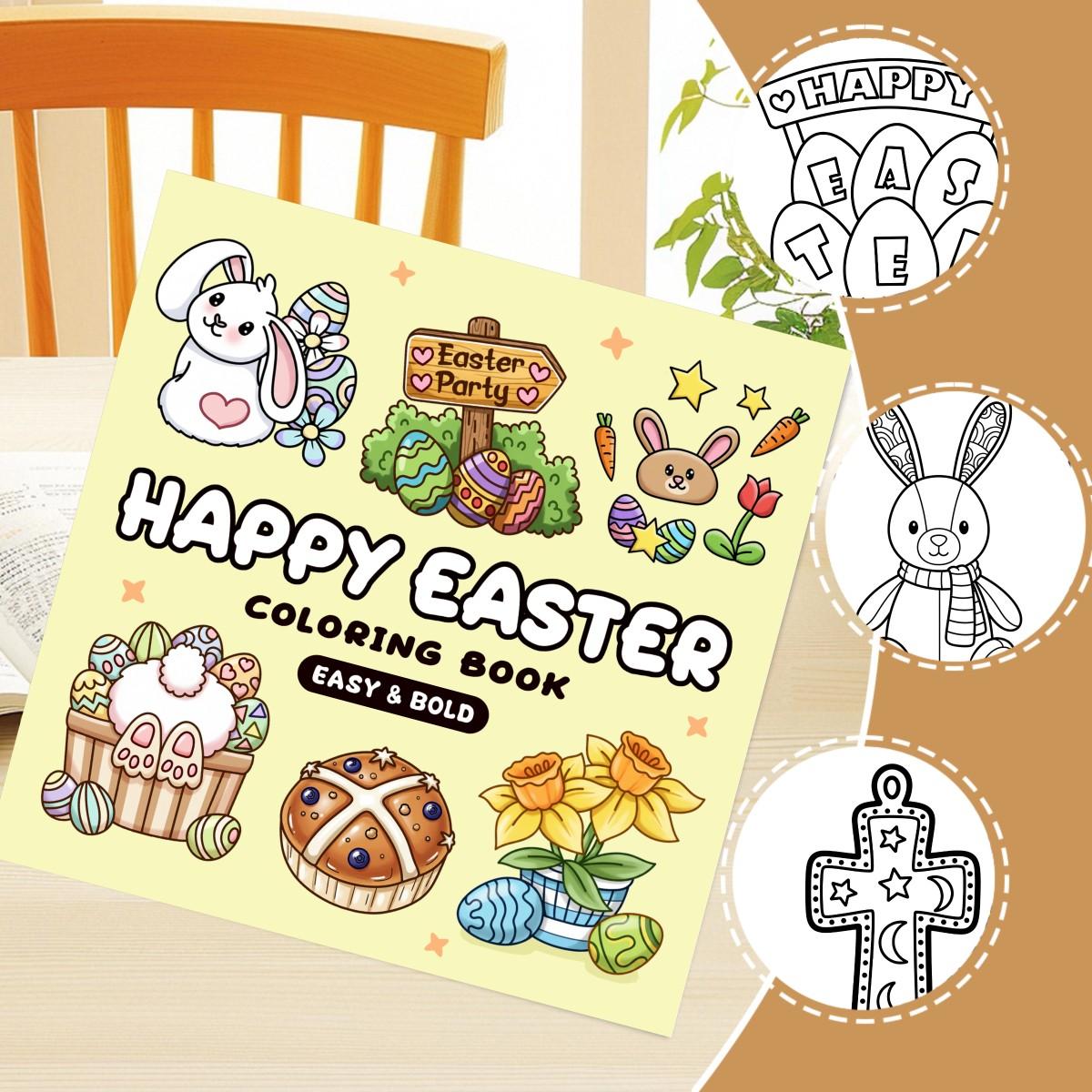 Happy Easter Coloring Book Theme, Cute Coloring Book, 24 Bold Stress-Relief Designs, 7.9in X 7.9in Perfect Size, Thick Paper, Gift for Adults Kids Teens