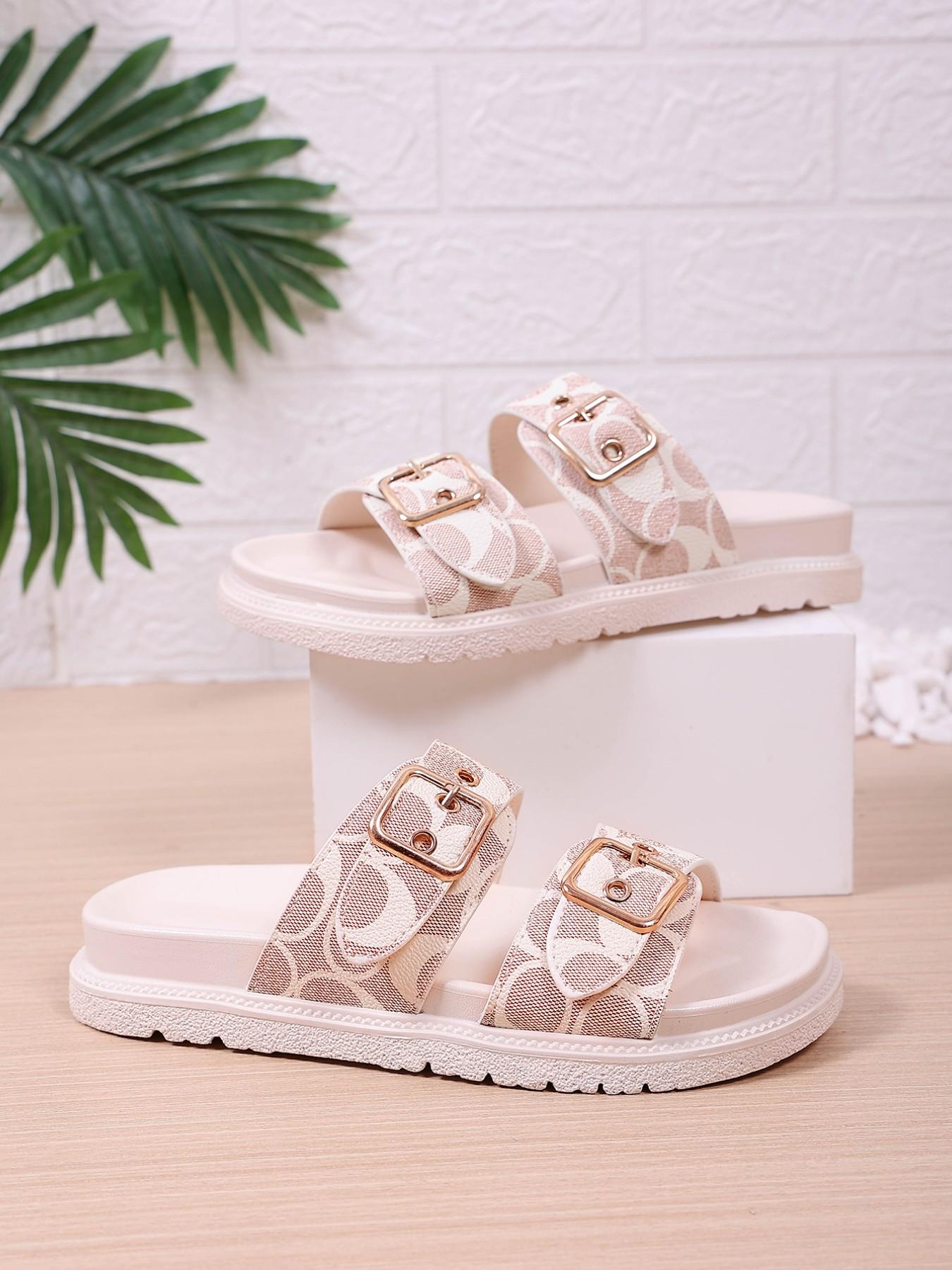 European Style Thick Sole Buckle Sandals for Women, Versatile Plain PU Leather Summer Beach Shoes, Casual Open-Toe Flip Flops