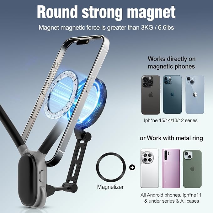 Dedicated neck-mounted phone mount for recording; magnetic neck/chest mount; hands-free phone mount with shock-absorbing chest strap; hands-free first-person view neck mount compatible with iPhone 15/14/13/12 series and all Android phones