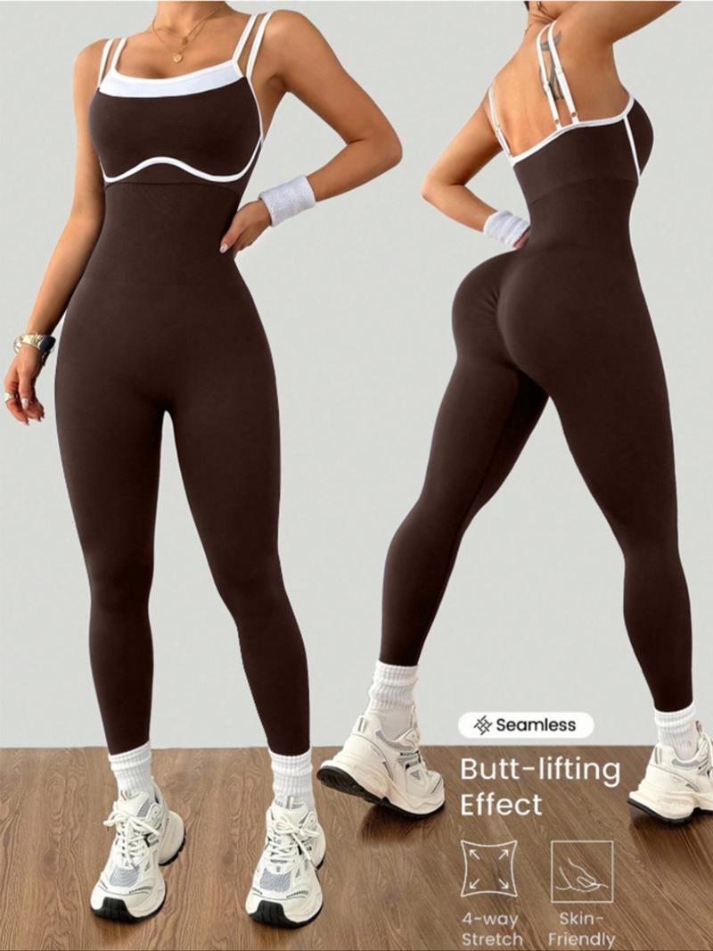 Women's Colorblock Adjustable Straps Sporty Jumpsuit, High Stretch Knit Waistband, Casual Fashion Yoga Pants, All Seasons Wear, Workout Jumpsuit