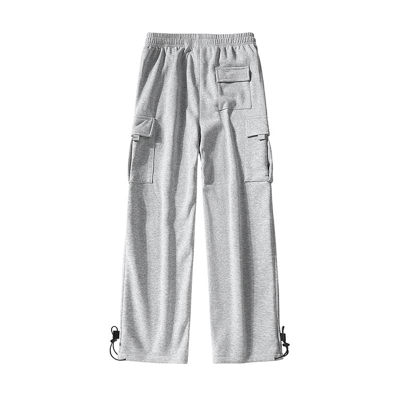 Men's Heather Gray Plain Elastic Cargo Sweatpants - 100% Polyester Fabric Menswear Bottoms, Multi-Pockets, Drawstring Waist, Adjustable Ankle Cuffs, Straight Leg, Relaxed Fit Soft Streetwear for Daily Errands, Lounging