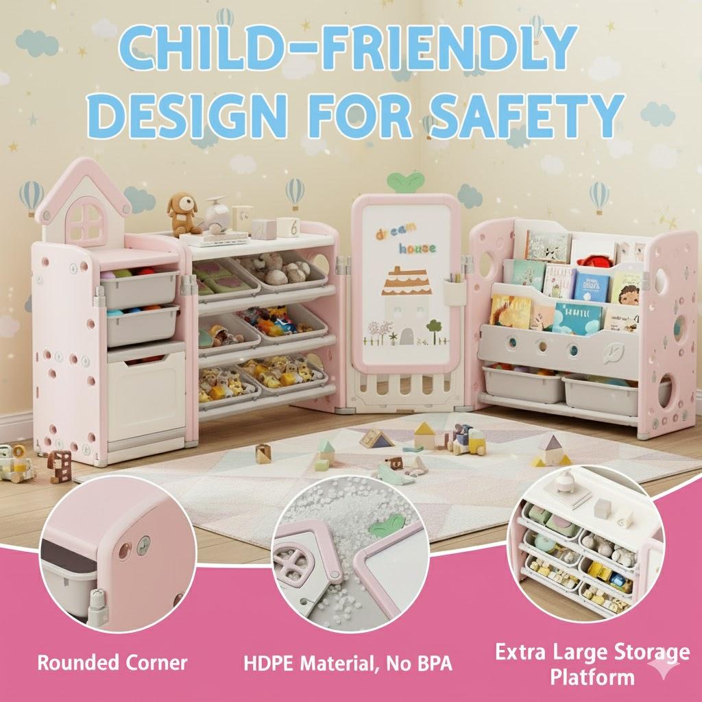 Foldable Kids Toy Storage Organizer with 10 Removable Bins and 3-Tier Bookshelf, 4 in 1 Multifunctional Large Toy Organizer with Drawing Board for Kid Bedroom Playroom Living Room, Light Pink