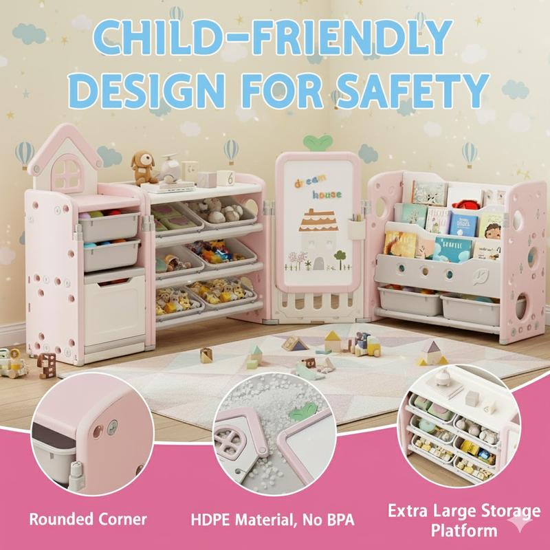 Foldable Kids Toy Storage Organizer with 10 Removable Bins and 3-Tier Bookshelf, 4 in 1 Multifunctional Large Toy Organizer with Drawing Board for Kid Bedroom Playroom Living Room, Light Pink