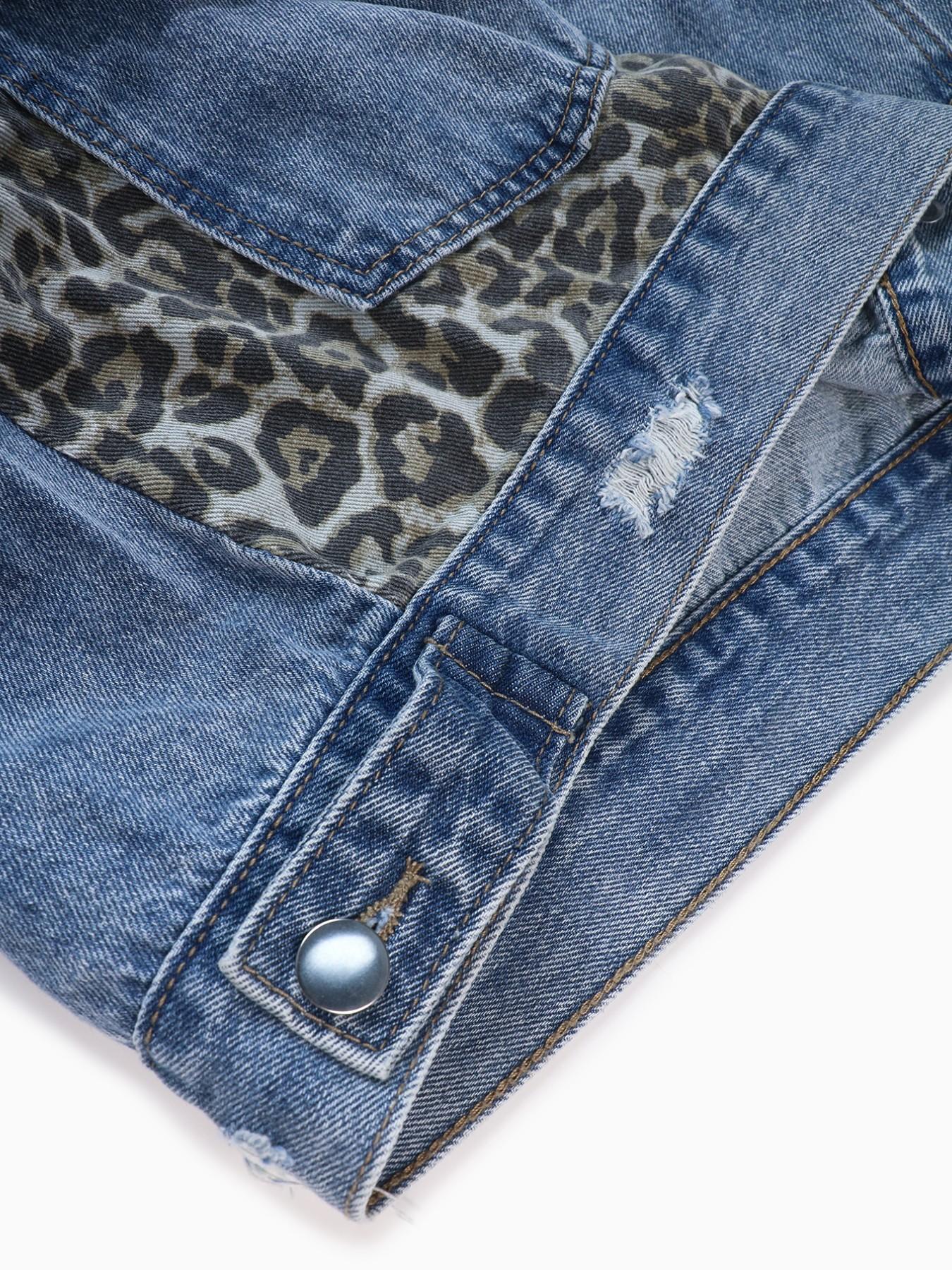 Women's Denim Jacket with Leopard Patch, Long Sleeve Button Fly Coat, Fitted Lapel Outerwear for Casual Style, Back to School Shopping