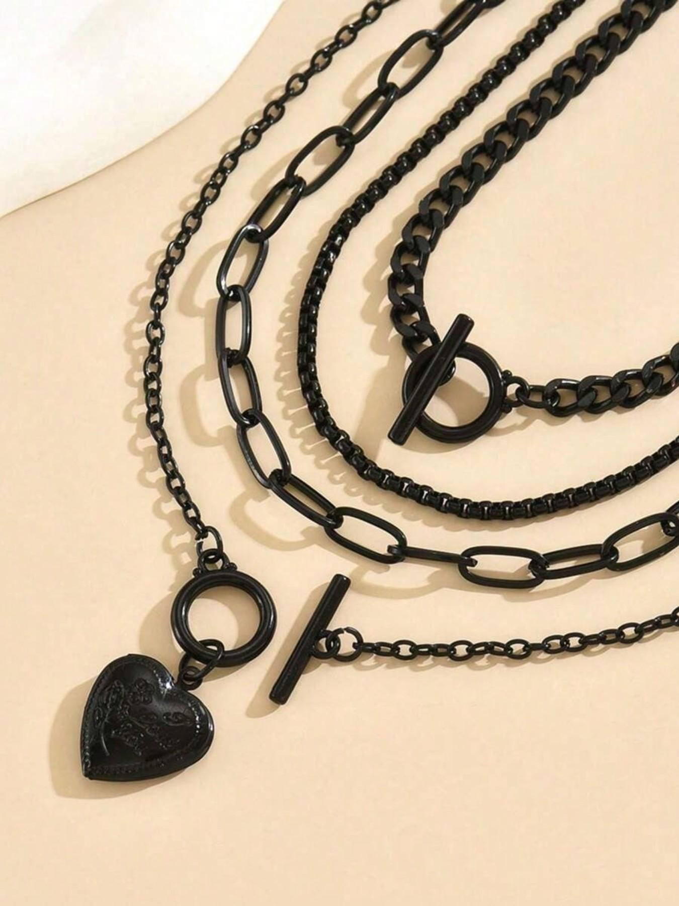 Women's Punk Style Heart Design Pendant Necklace & OT Buckle Chain Necklaces, 4 Counts Fashion Charm & Chain Necklaces, Gothic Mystery Jewelry, Trendy Goth Jewelry for Birthday Gift
