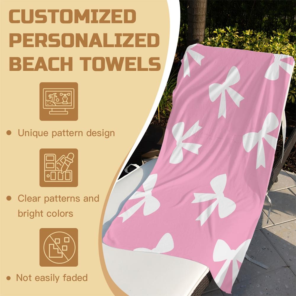 Cute Bow Print Beach Towel, Microfiber Quick Dry Towel with Heart Checkerboard, High-Value Aesthetic Gift for Girls