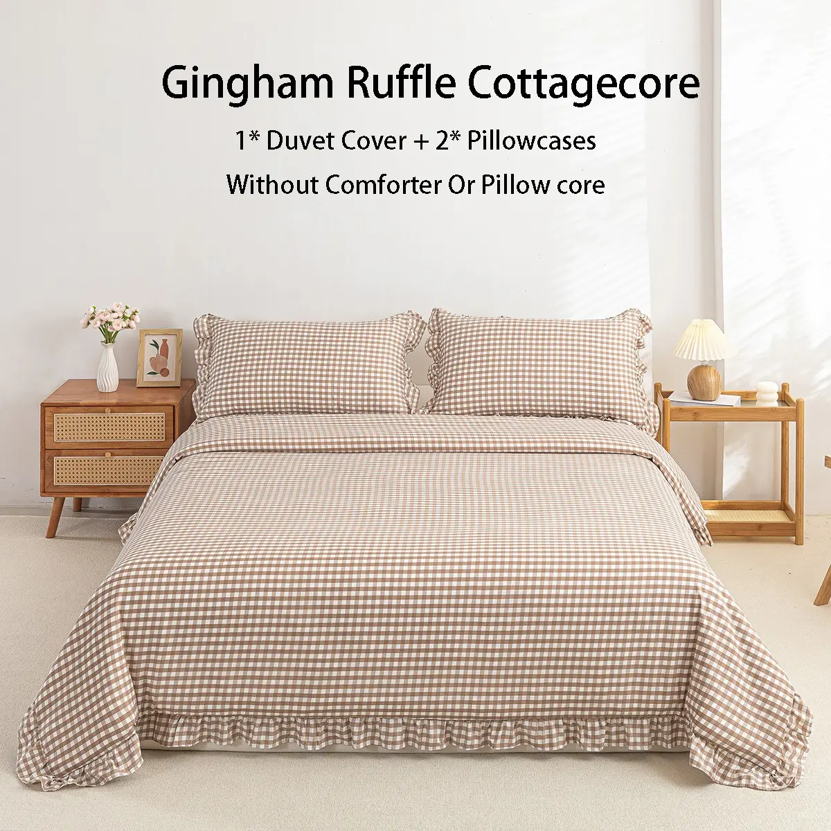 3-Piece Checkered, Country Style Bedding Set, 100% Ultra-Soft Microfiber Plaid Ruffle Duvet Cover Set, Includes 1 Duvet Cover + 2 Pillowcases (No Comforter/Pillow Core), Wrinkle Resistant, Breathable & Fade Resistant, Easy Care, All-Season Use