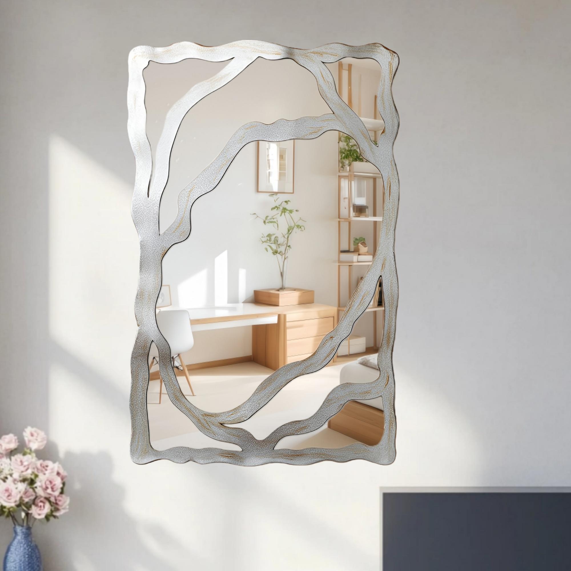 1pc, Modern classic silver rectangular shaped wall mirror decoration, made of acrylic material, non perforated self-adhesive wall mirror - irregular asymmetric shape, suitable for bedroom, foyer, bathroom, and home decoration, Home Decorative Mirror