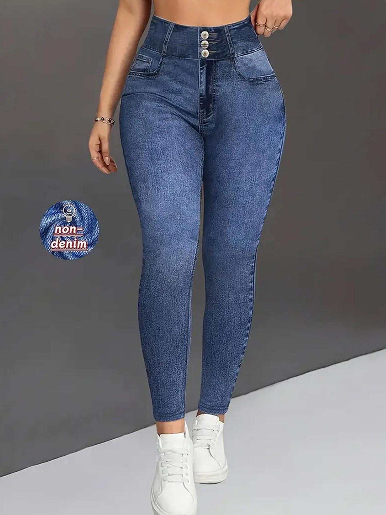Women High-Waisted Stretch Denim-Style Pants, All-Seasons Slim-Fit Leggings, Breathable & Comfortable, Casual Sporty Style,faux denim fabric Women High-Waisted Stretch Denim-Style Pants, All-Seasons Slim-Fit Leggings, Breathable & Comfortable, Casual Sporty Style,faux denim fabric