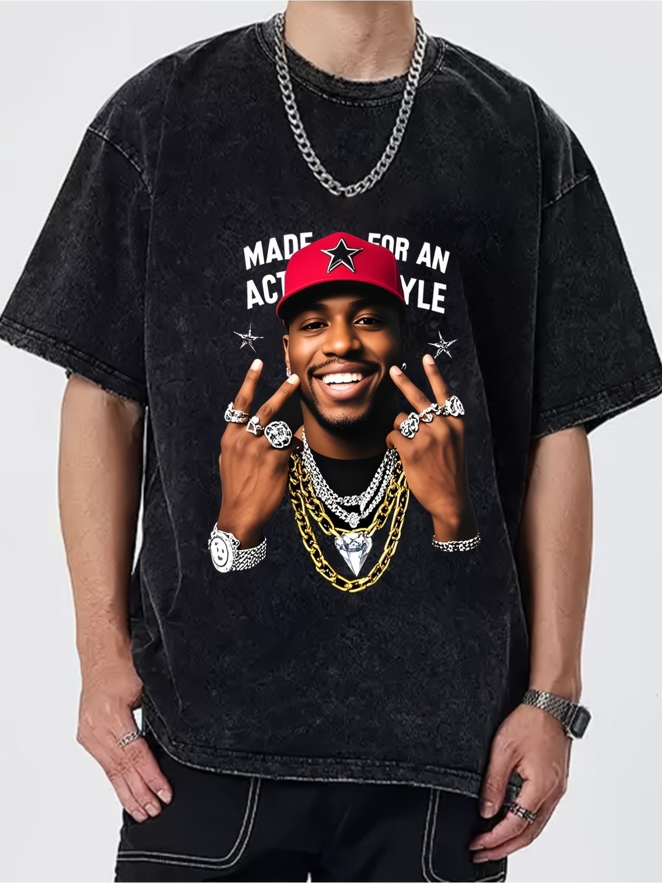 Men's Vintage Washed Hip-Hop Style Idol Print Loose T-Shirt, Street Rap Culture Personality Short Sleeve, Casual Loose Top