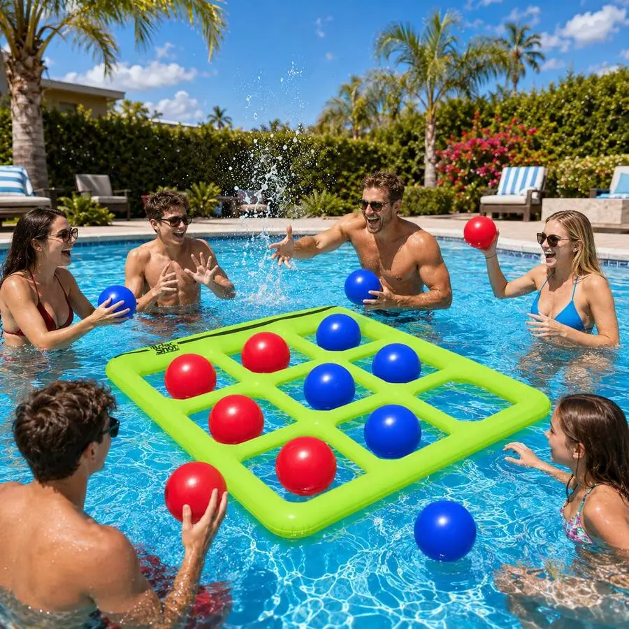Giant Floating Tic Tac Toe Pool Game Set With 10 Toss Balls, Yellow Inflatable Water Board Game For Backyard Pool Parties, Adults & Teens