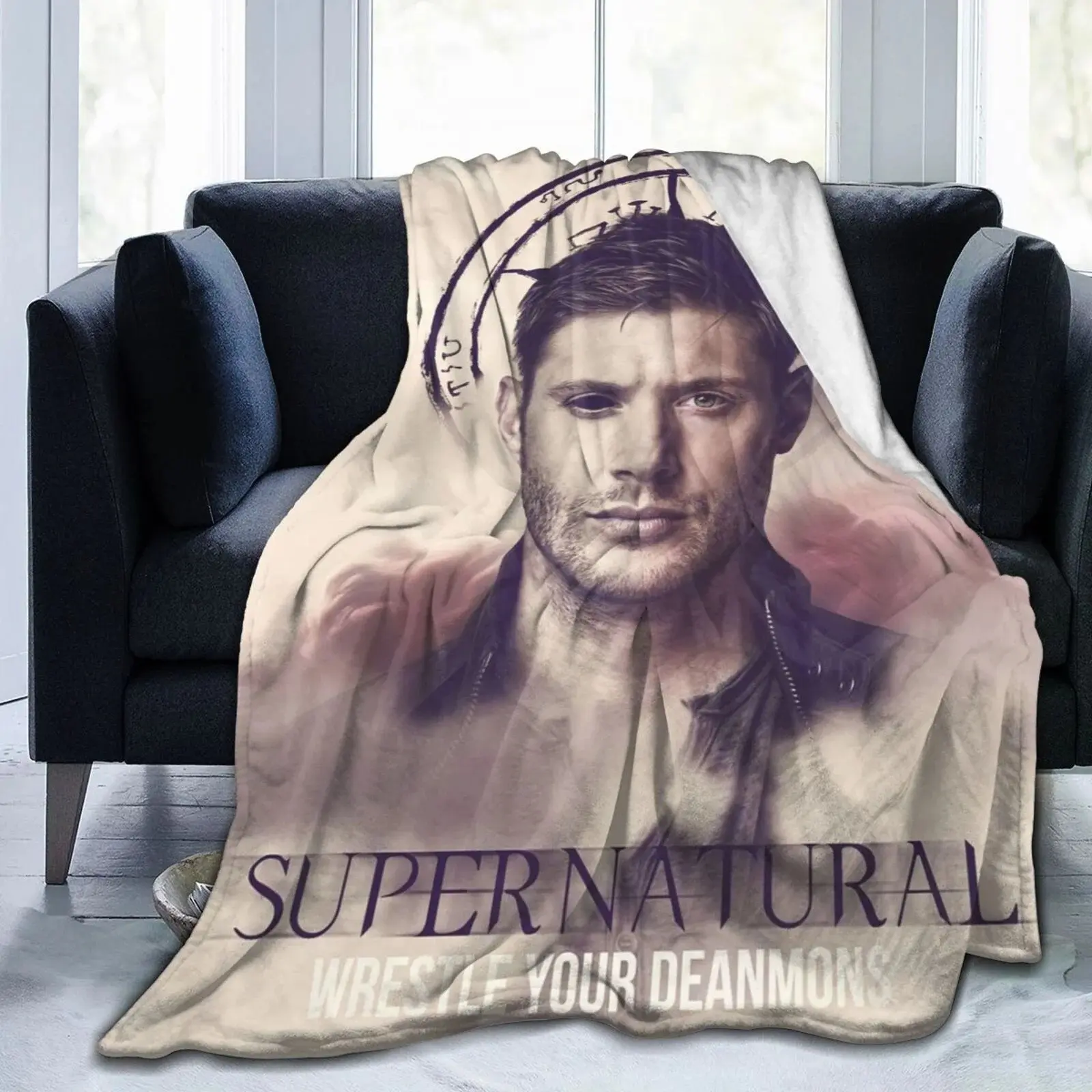 Supernatural Dean Winchester Portrait Flannel Throw Blanket Vintage Purple Tone Anti Possession Symbol Text Design Soft Fandom Lightweight Sofa Blanket Fan Gift