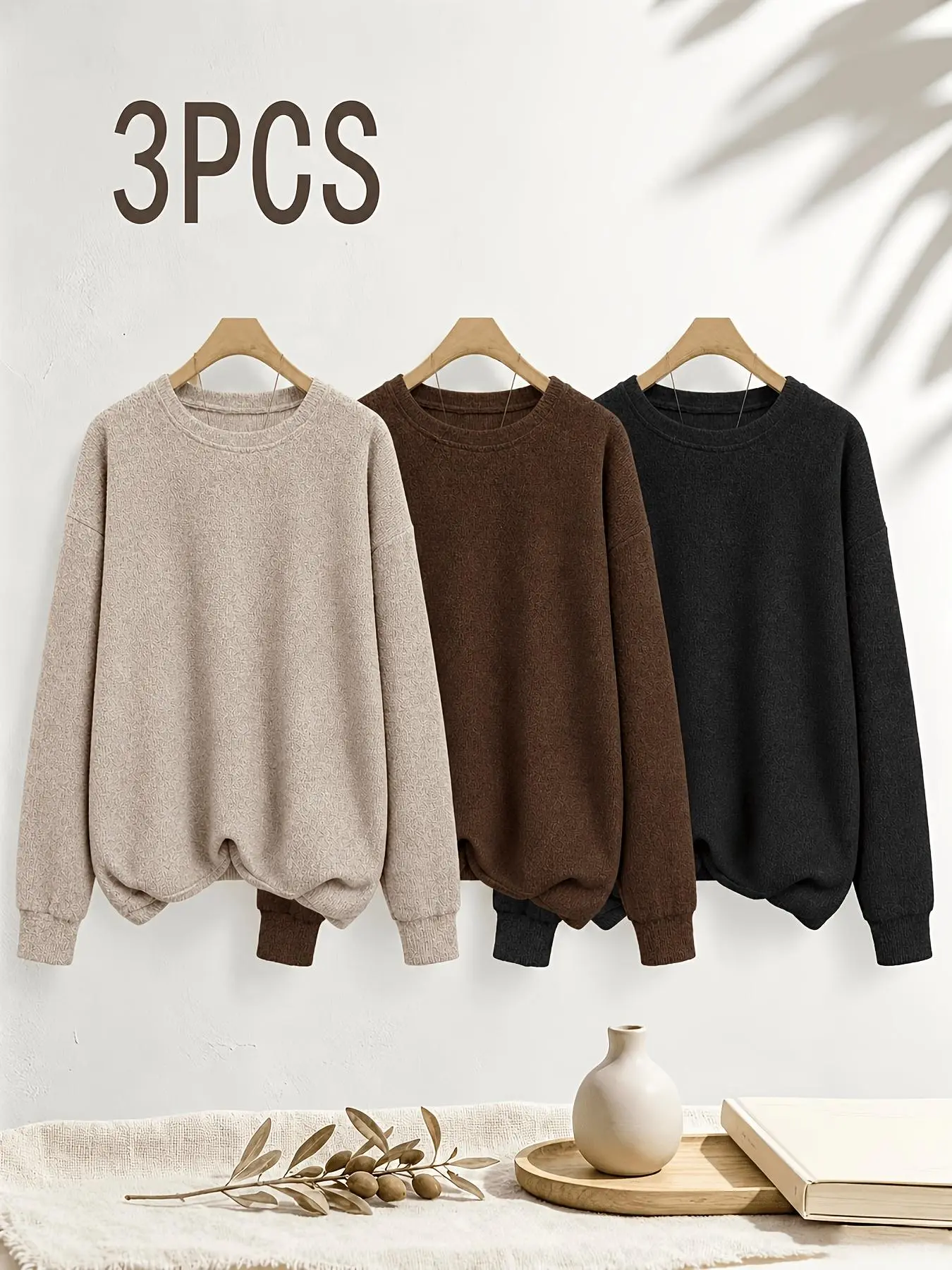 3-Pack Women's Solid Color Pullover Sweater, Soft Warm Round Neck Loose Fit Long Sleeve, Basic Knit Top for Fall Winter Layering