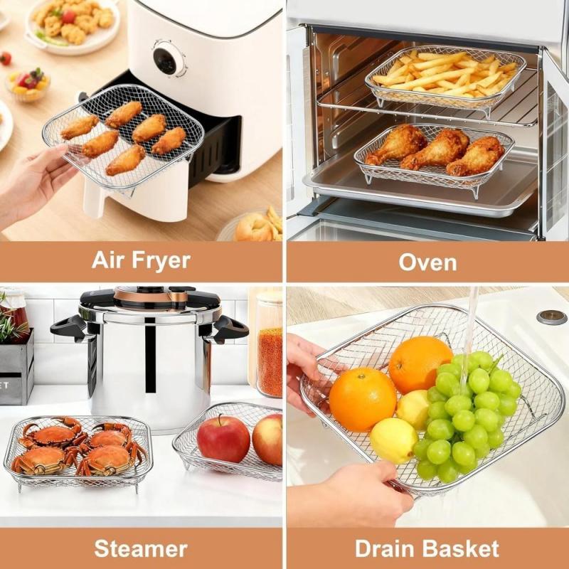 3-Piece Stainless Steel Dehydrator Rack Set, Stackable 8-Inch Square Air Fryer Rack with Silicone Feet, Oven & Deep Frying Safe