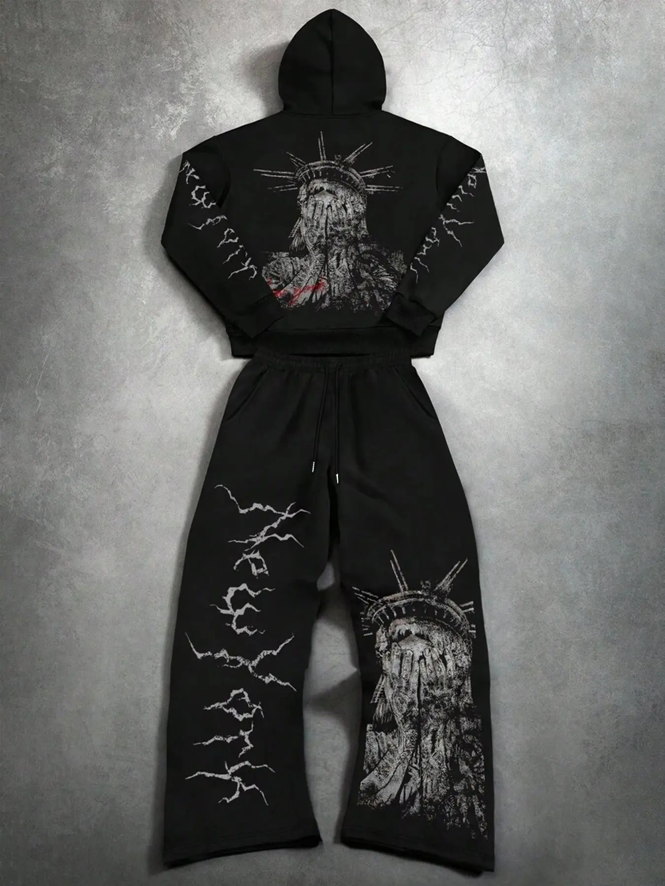 Y2K Alt Gothic Streetwear Matching Hoodie Sweatpants Set Retro Faded Full Back Statue Liberty Graphic Pullover Hooded Top, Long Sleeve, Elastic Waist Drawstring Sweat Pant Outfit For Hip Hop Nightclub Daily Travel Street Trendy Tracksuit