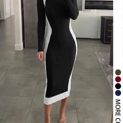 Women's Autumn and Winter Colorblock Long Sleeve Knit Dress, Slim-Fitting Mock Neck Ribbed Midi Dress