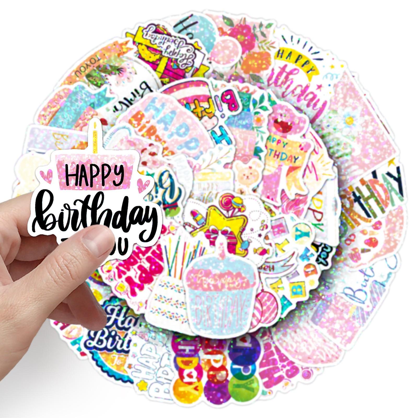 50pcs Happy Birthday Stickers, Colorful Party Waterproof Vinyl Decals, Cute Birthday Cake Balloon Stickers, Birthday Gift Pack for Teens Adults