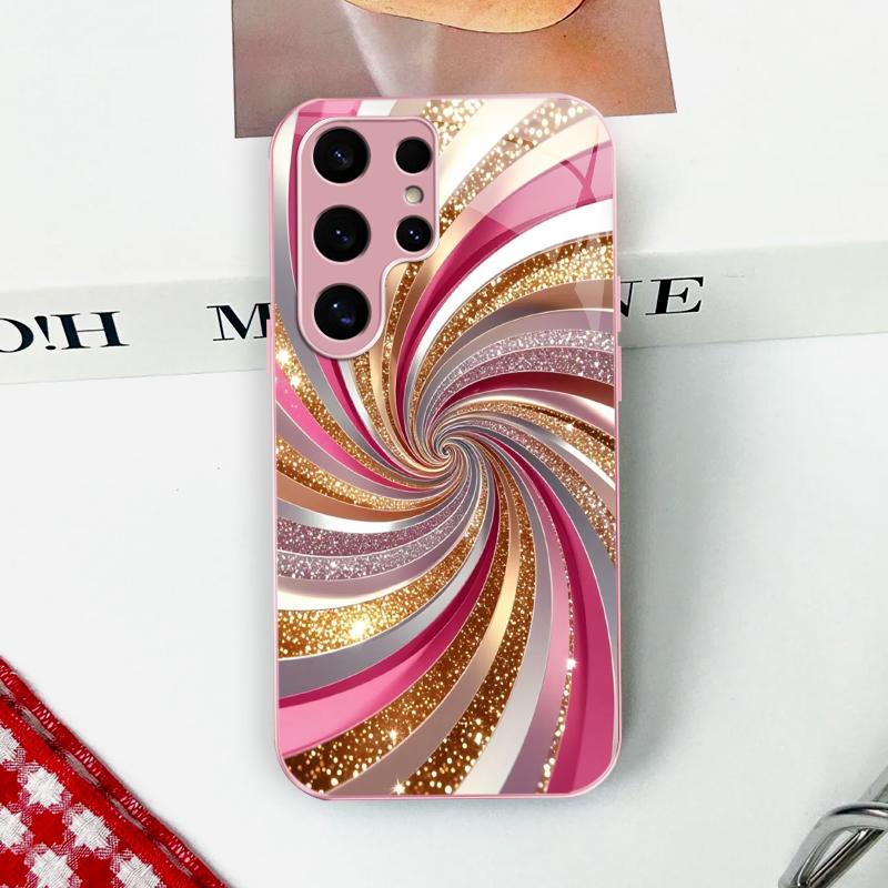 Luxury Rose Gold Swirl Phone Case with Flower Lanyard, Glitter Pink Art Aesthetic Cover for Galaxy S24 Ultra ---975