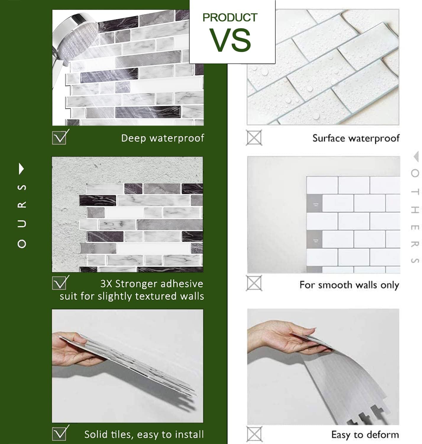 STICKGOO 10Pcs Thicker Vinyl Peel and Stick Backsplash, Stick on Backsplash, Self Adhesive Tile for Bathroom/Kitchen - Grey Decorative Interior Smooth Marble Pattern Wallpaper Ornaments