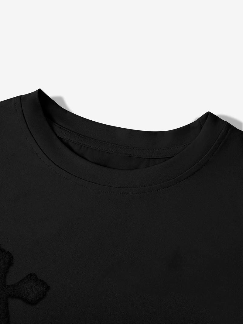 Men's Cross Stitch Embroidered Solid Color Round Neck T-Shirt, Casual Fit Streetwear, Casual Fitted Long Sleeve Top for All Seasons, Sporty College Style Men's Cross Stitch Embroidered Solid Color Round Neck T-Shirt, Casual Fit Streetwear, Casual Fitted Long Sleeve Top for All Seasons, Sporty College Style