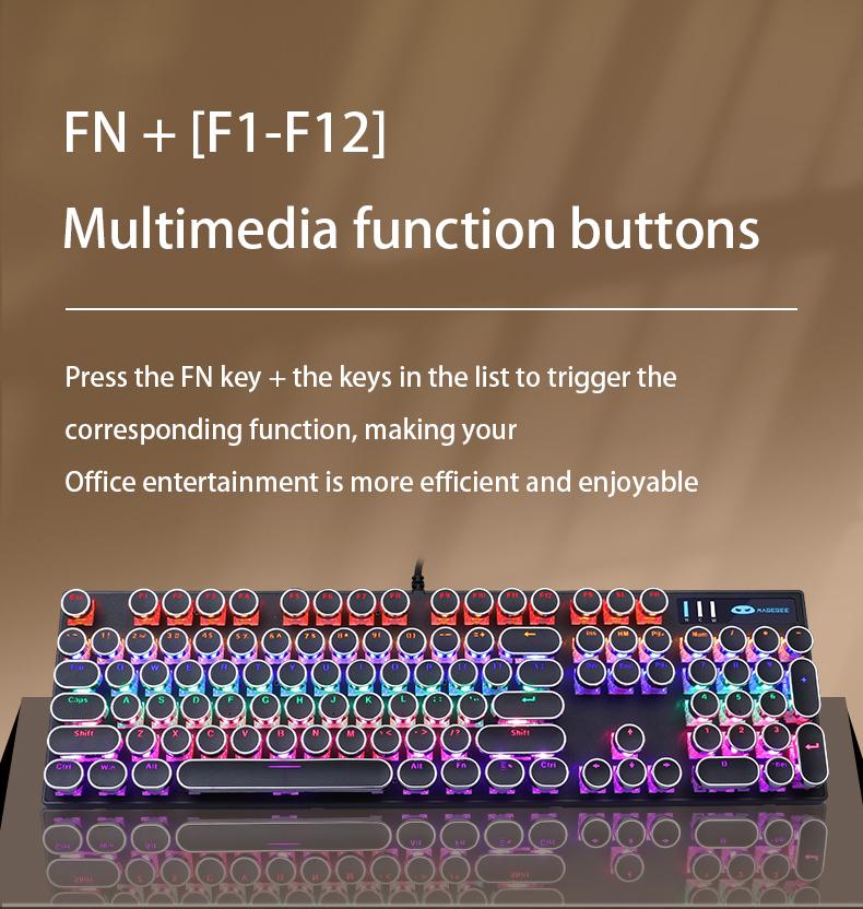 MageGee MK-Storm Typewriter Mechanical Gaming Keyboard, Retro Punk Round Keycaps Blue LED Backlight USB Wired Computer Keyboard for Gaming and Office, Compatible with Windows