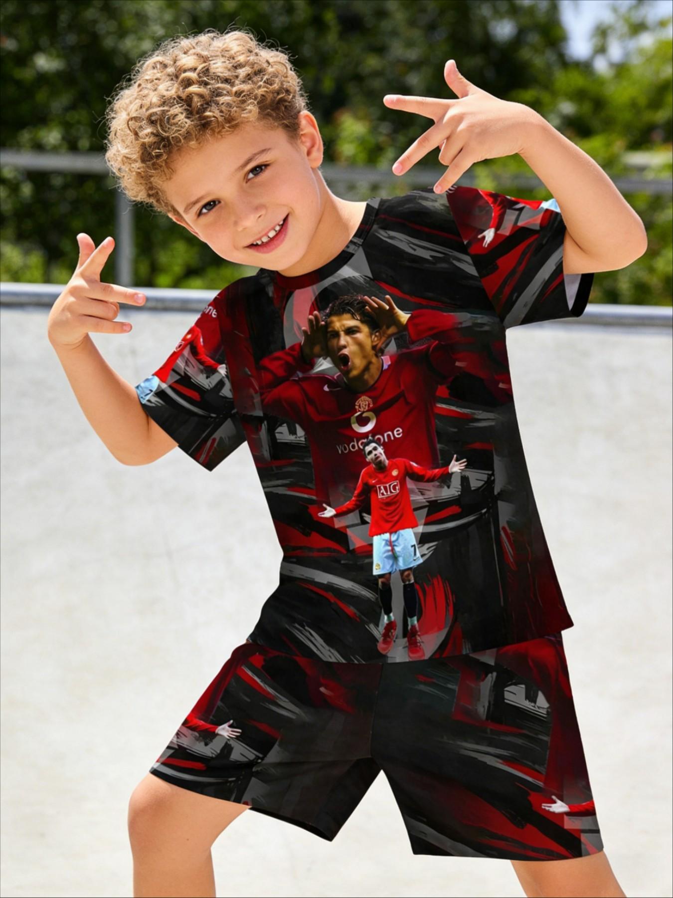 Boys' Colorblock Manchester United Cr7 Tee & Track Shorts, All over Print, Casual Summer, Party, Vacation, School Wear