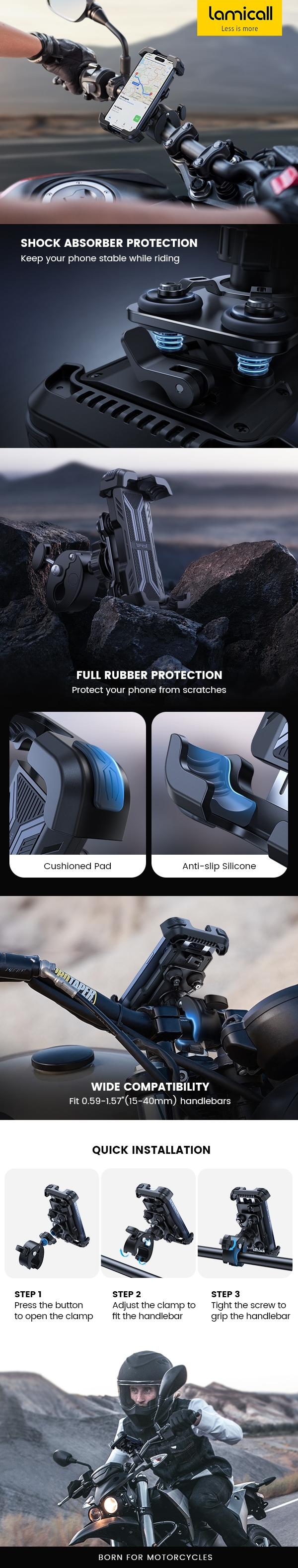 Lamicall Motorcycle Phone Mount – Dual Anti-Vibration Shock Absorber, Full Protection, 360° Secure Holder for iPhone 17pro/16/15/14/13 & All 4.7-6.7” Phones