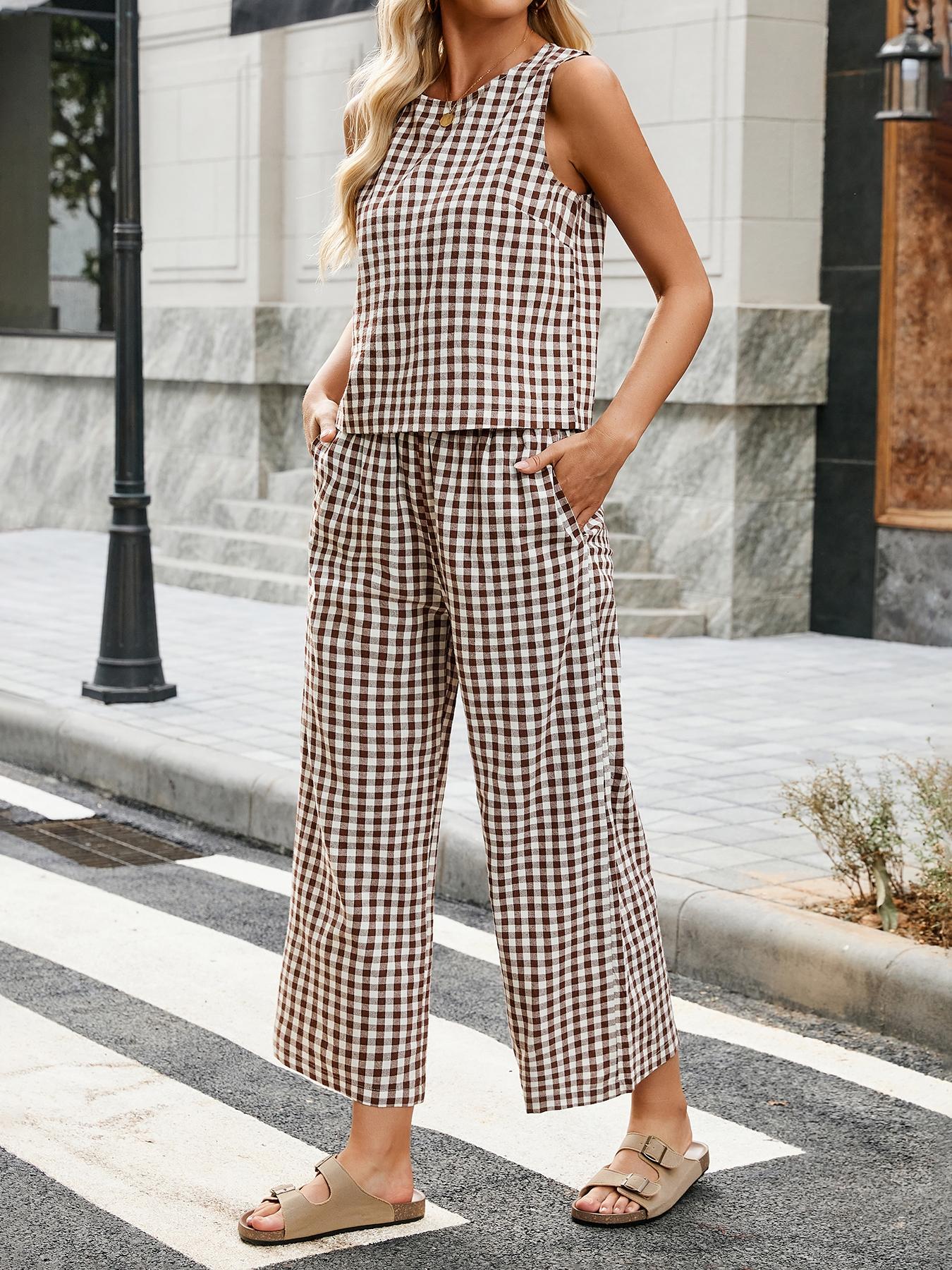 Women's Summer Plaid Vest Set, Elastic Waist Pocket Wide Leg Pants, Casual Comfortable Beach Vacation, Daily Wear, Casual Fashion Set