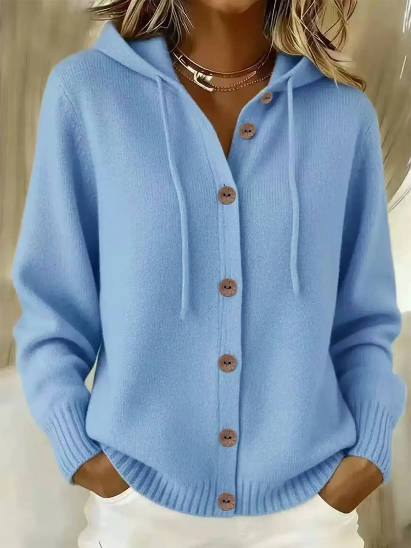 Women's Button Knit Hooded Sweater Cardigan, Fall Winter New Arrival, Solid Color Casual Fashion Outerwear, Cross-Border Trendy Clothing
