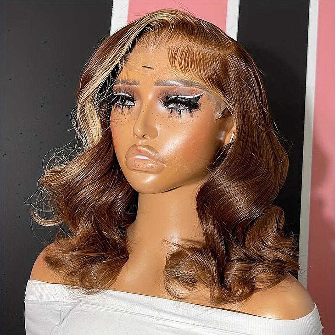 180 Density Brown Blonde Body Wave Bob Wig Human Hair 13x4 Transparent Lace Frontal Human Hair Short Bob Wig For Women Human Hair Glueless Bob Wig Human Hair Pre Plucked Short Bob Wigs for Black Women