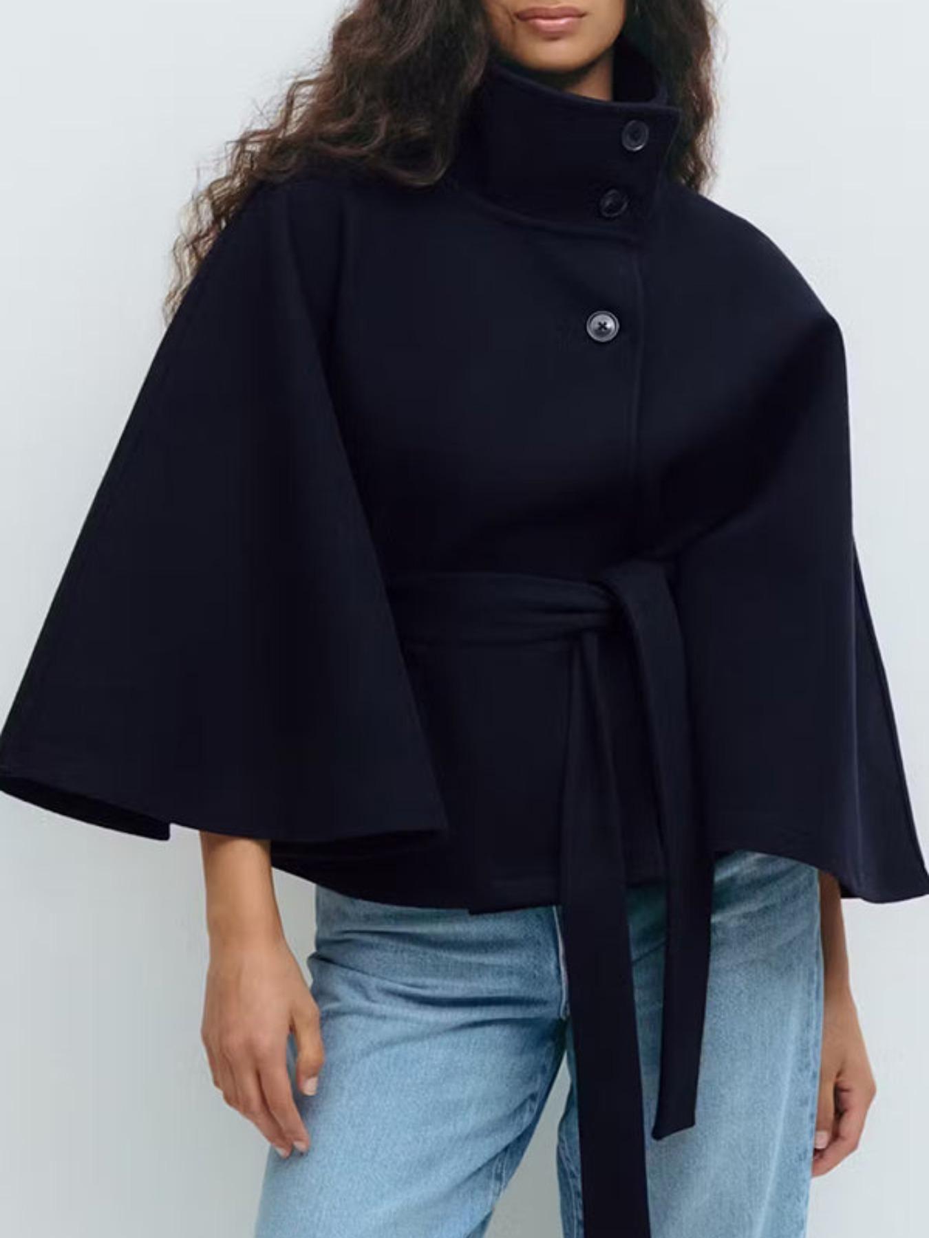 Women's Plain Front Buckle Belted Woolen Cape Coat, Casual Fall & Winter Outerwear, Stylish Daily Wear for Dating, Button