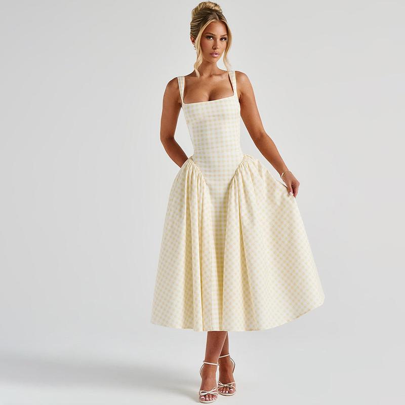 Plaid A-Line Midi Dress for Women's Summer Outfit Adjustable Strap Bodycon Top Flared Hem Casual Elegant Beach Holiday Party Club Dating Dresses