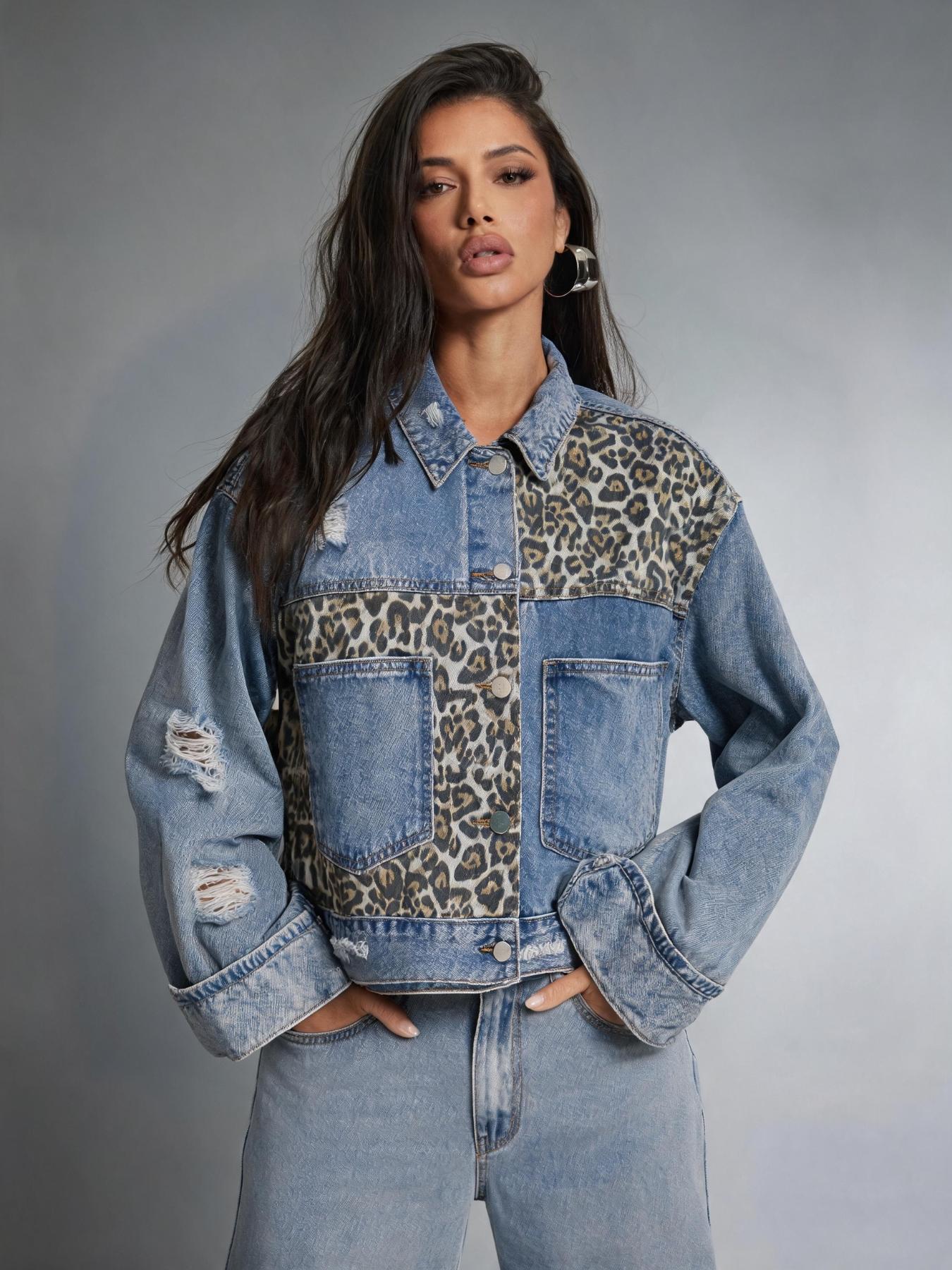 Women's Leopard Print Denim Jacket, Vintage Millennial Street Style, Loose Fit, Baggy, Long Sleeve, Button Closure, Casual Outerwear, Coats