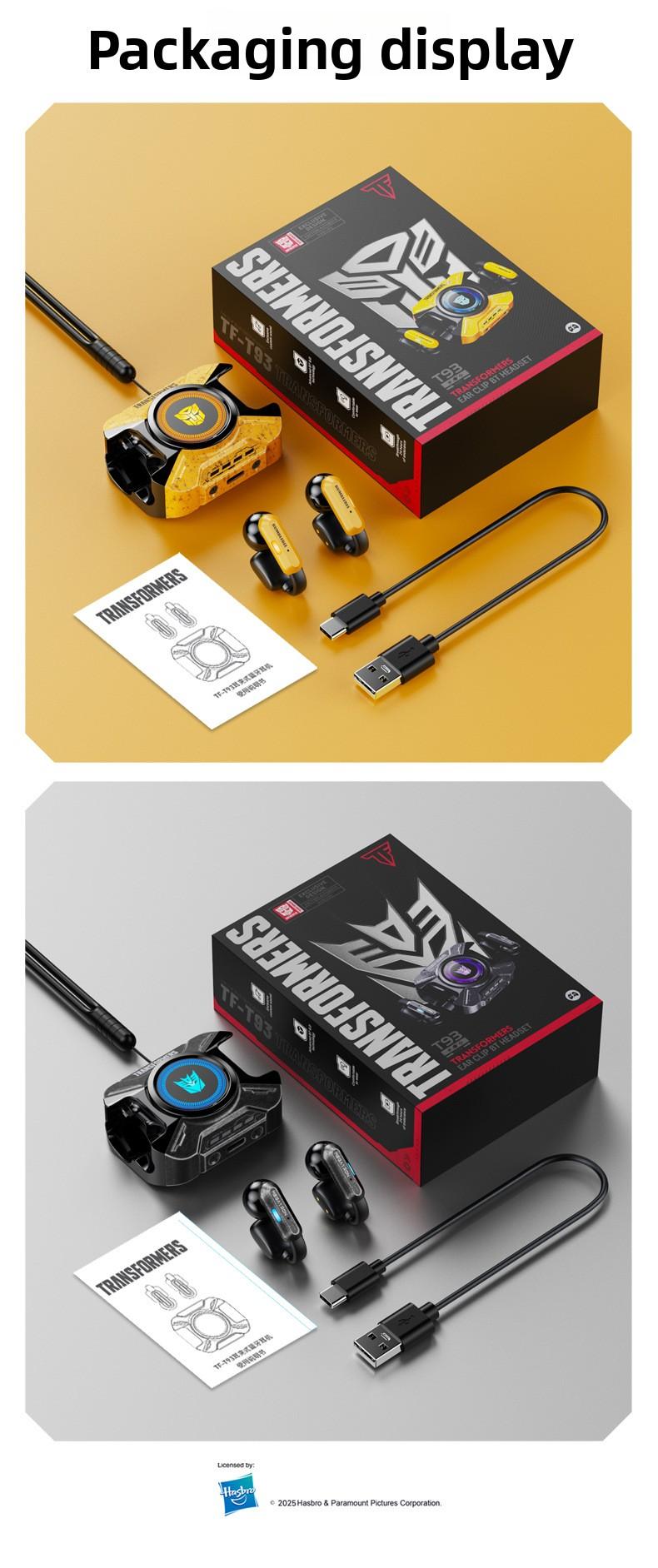 Transformers TF-T93 Ear-Clip True Wireless Bluetooth 6.0 Earbuds with Mic, Zinc Alloy Armor Case, Low Latency Game/Music Modes, Hi-Fi 12mm Drivers, Secure Fit Sports Earphones (Megatron Black)