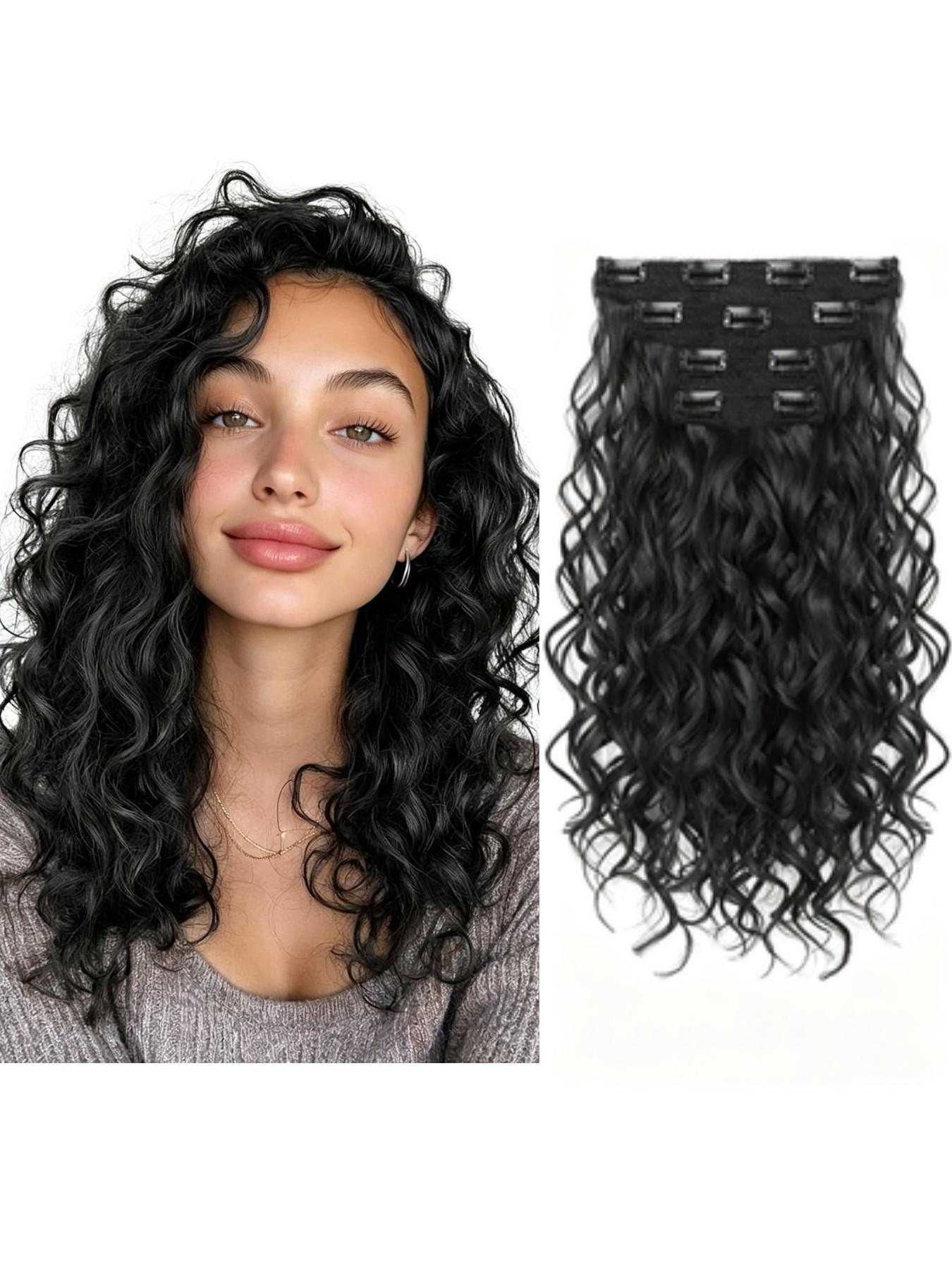 Curly Hair Extensions, 4PCS 16 inch Clip in Hair Extensions Lace Weft Short Curly Hair Extensions Clip Ins Invisible Natural Hairpieces for Women