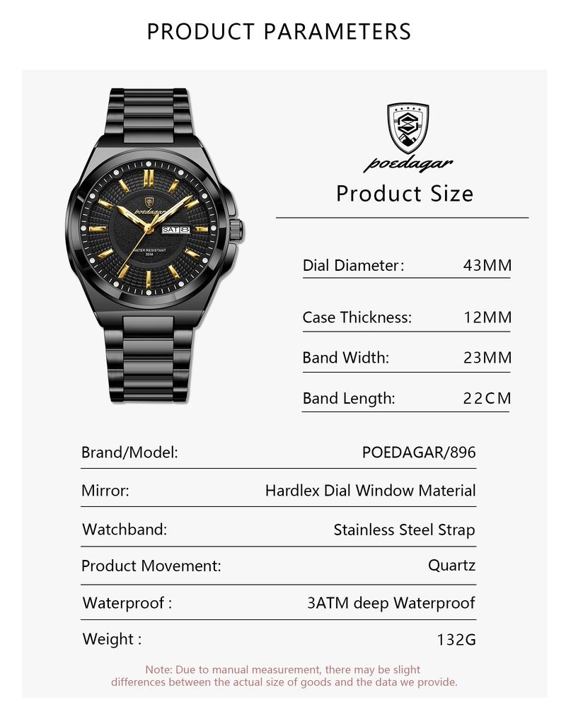 Poedagar Top Business Men's Watches, Stainless Steel Waterproof Luminous Man Watch, Date Week Display, Casual Fashion Quartz Wristwatch, Stylish Watch