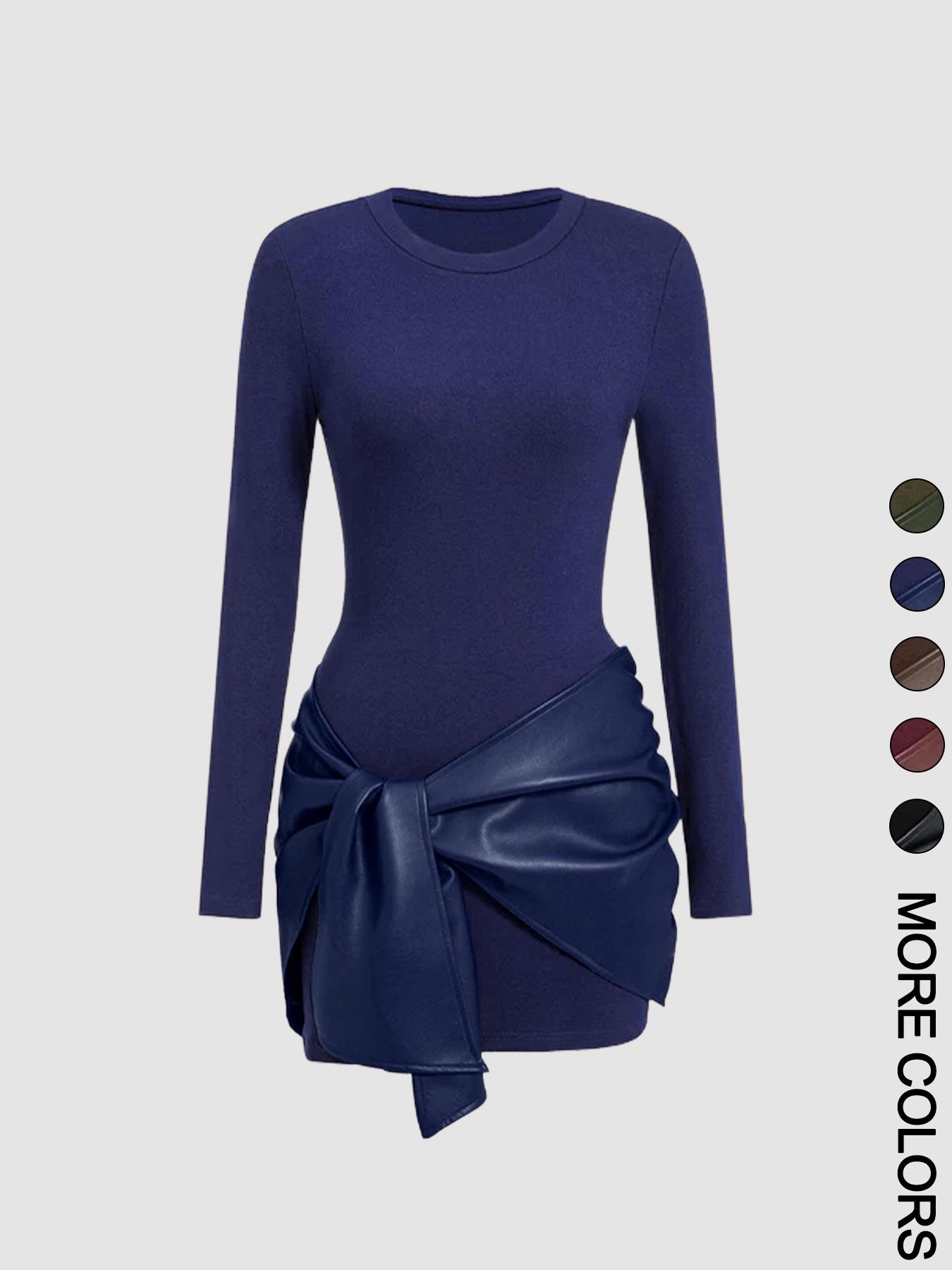 Women's patchwork knotted side ruched long-sleeved mini dress Casual Wear