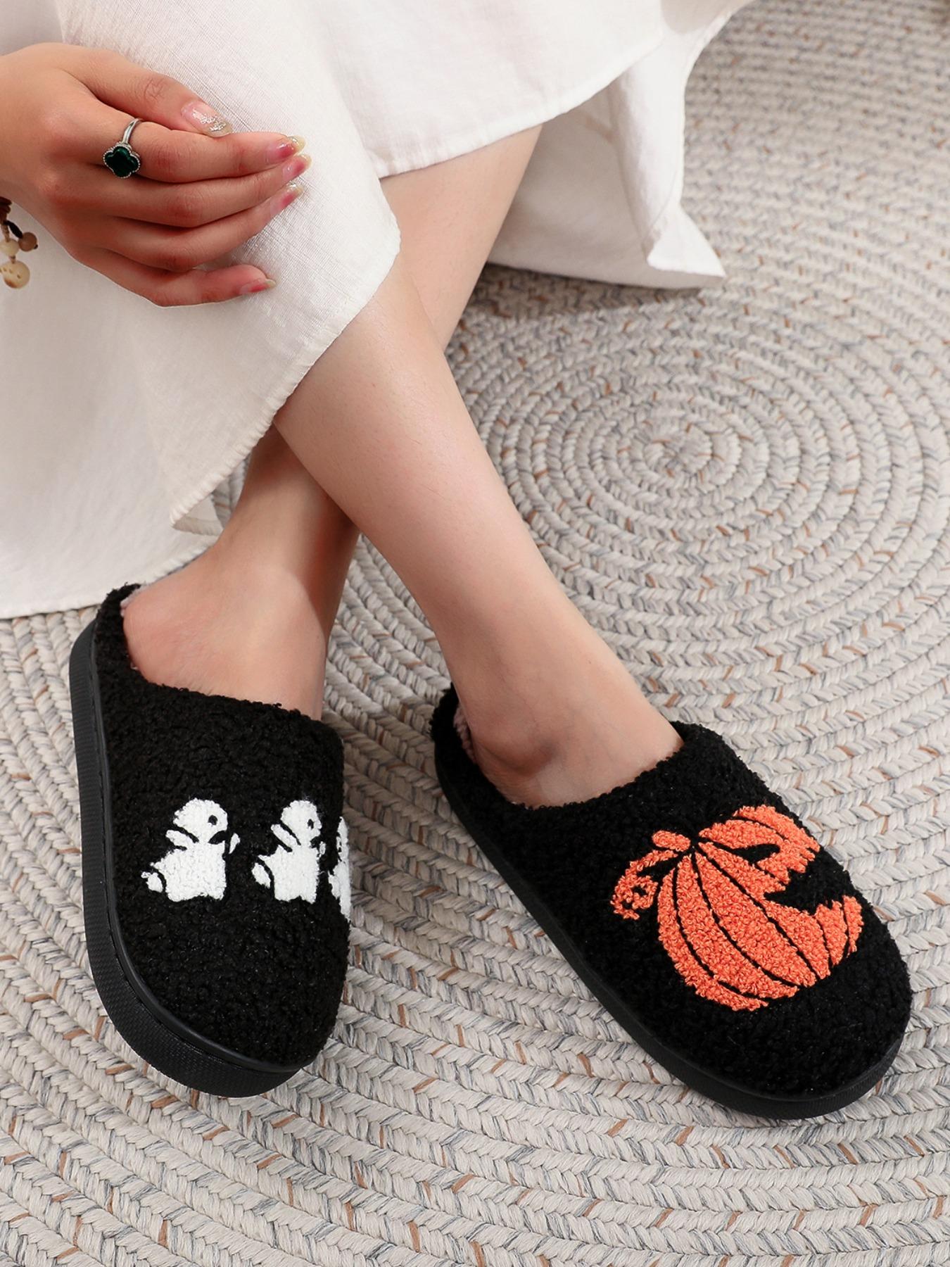 Halloween Pumpkin Ghost Embroidered Plush Slippers, Comfortable Indoor Home Shoes for Men & Women, Black