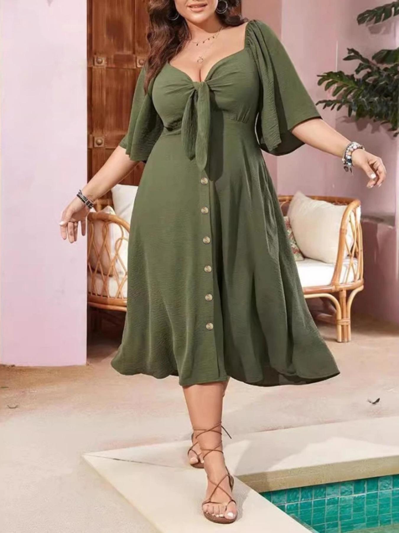 【Plus Size】 Solid Color A Line Dress, Casual Half Sleeve Dress for Spring & Fall, Women's Clothes for Daily Wear
