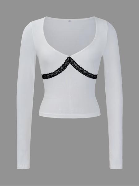 Women's Sexy Deep V Lace Patchwork Long Sleeve Top, Autumn Winter Casual Fashion, Slim Fit Women's Clothing for Daily Wear