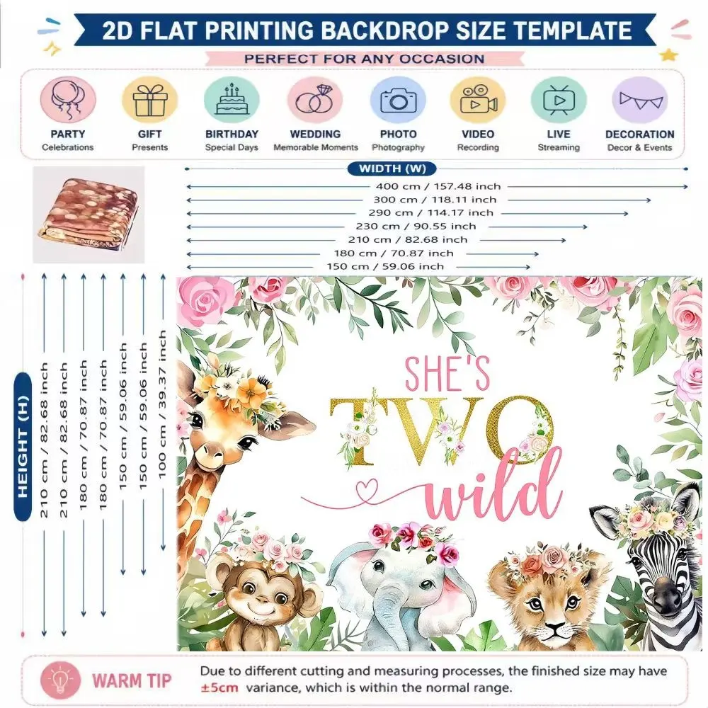 2D Flat 1PC Polyester She's Two Wild Backdrop Safari Animal Watercolor Floral Decor for Indoor & Outdoor Themed Party, Jungle Gathering, Photo Booth, Wall Decor, Home Decoration, Event Background, Available in Multiple Sizes