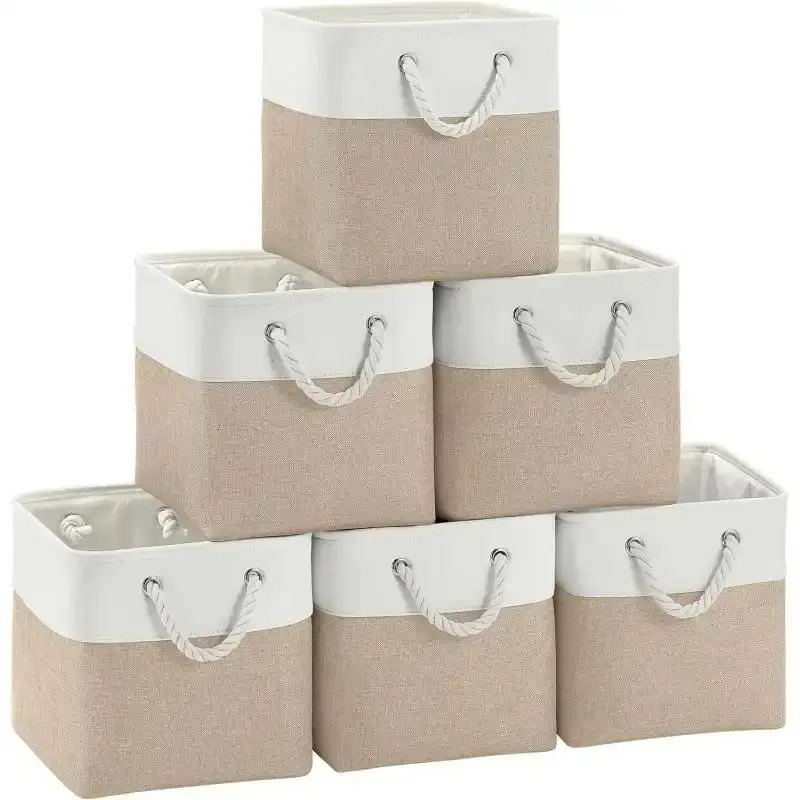 Fabric Cubes Storage Basket, 6 Pack 11x11 inch with Handles Cube Storage Bins, for Shelves, Home, Office Organizers (White/Khaki)-L