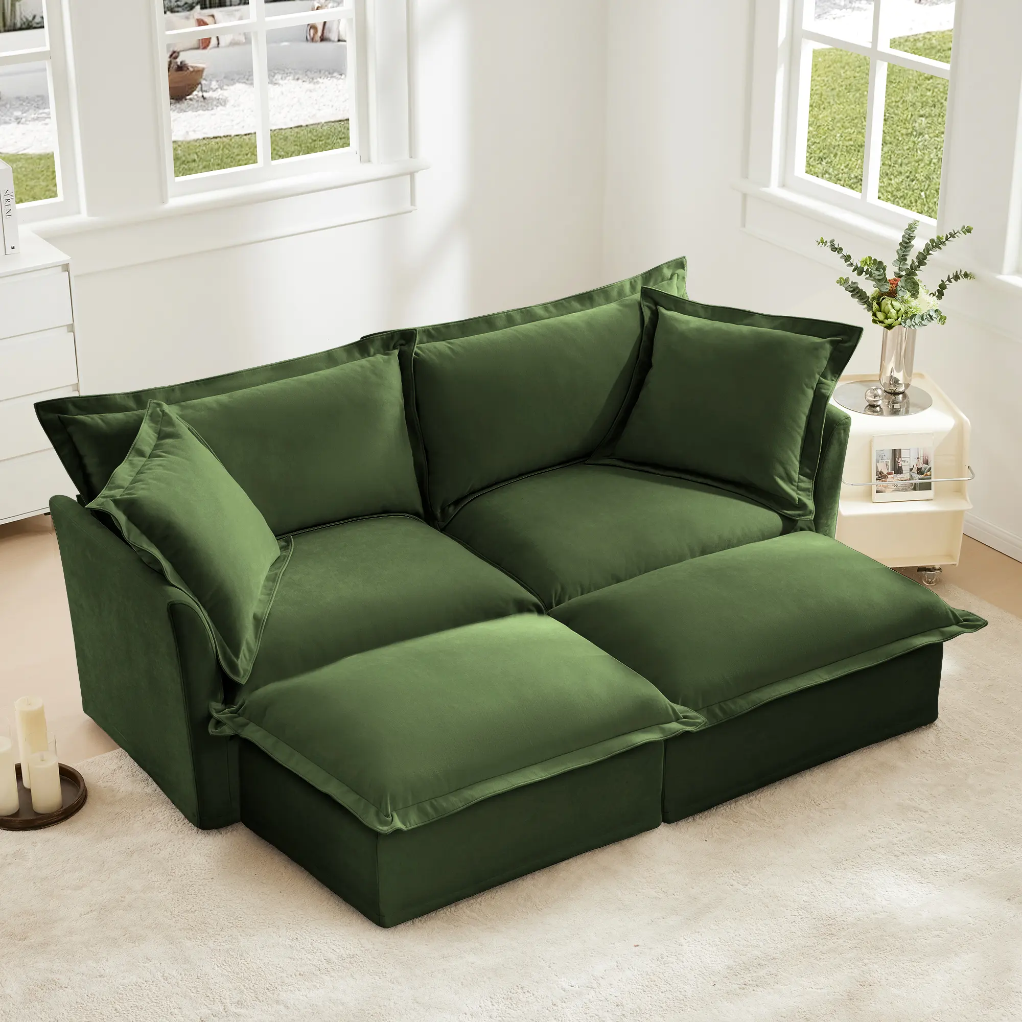 Nokaa Slipcovered 2-Seater Sofa with 2 Ottomans, Sleeper Sofa Bed for Living Room Home Theater, Oversized Couch, Chenille Upholstered, Green, 2-Seat Sofa Set with Ottoman, Living Room Furniture for Apartment, Lounge, Family Room, Sofa Couch Seating